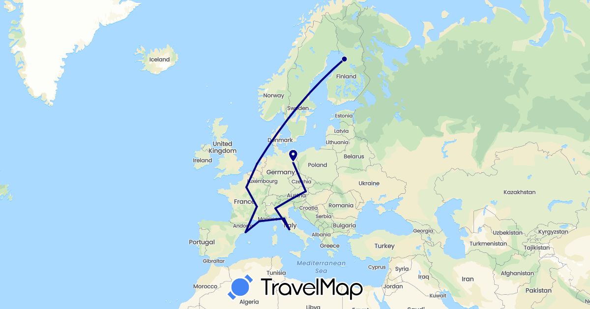 TravelMap itinerary: driving in Austria, Germany, Spain, Finland, France, Italy, Netherlands (Europe)