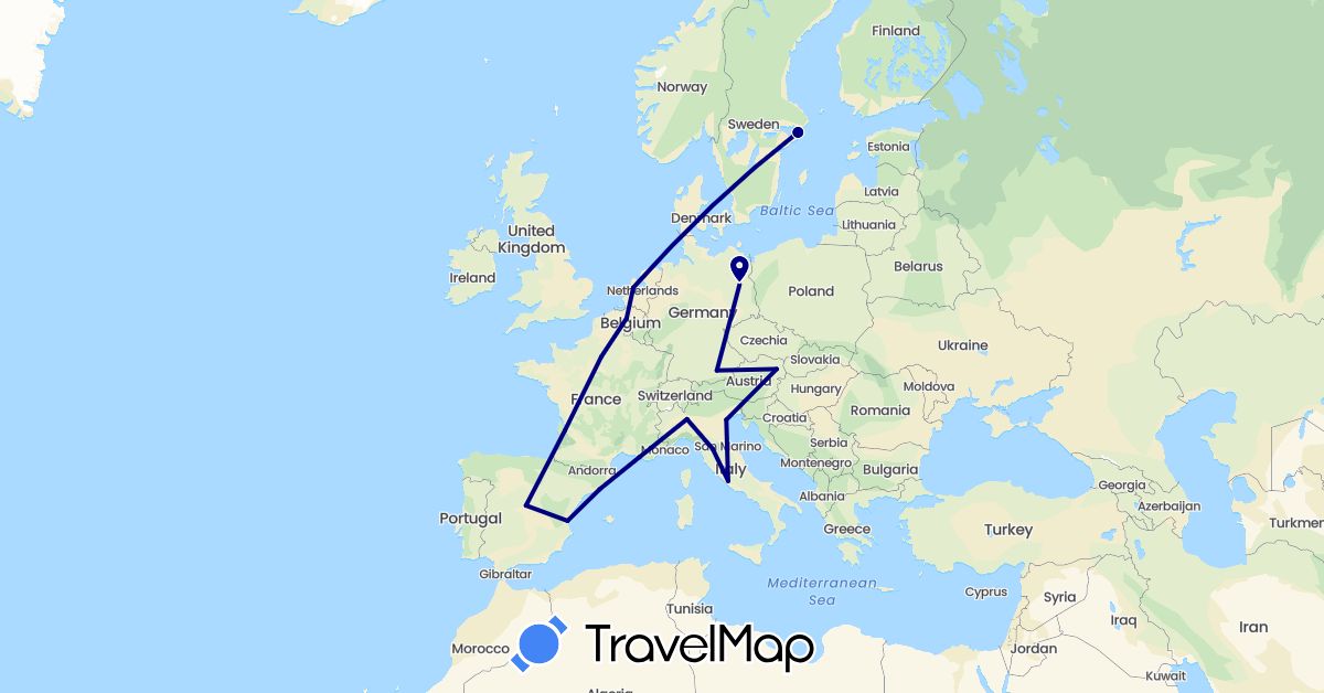 TravelMap itinerary: driving in Austria, Belgium, Germany, Spain, France, Italy, Netherlands, Sweden (Europe)
